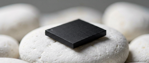 A minimalist close-up of a sleek, matte-finish microchip module resting on a bed of smooth white stones, illuminated by soft natural light to emphasize precisio
