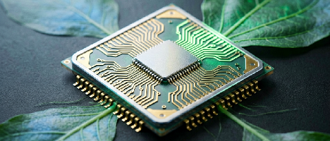A sleek, minimalist microchip design integrated with organic leaf-like circuit traces, symbolizing efficient, eco-friendly computing power.