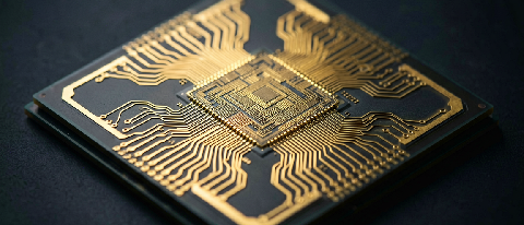 Close-up of a futuristic microchip circuit board with golden pathways on a dark background