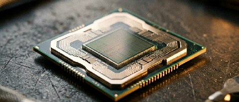 A macro view of a RISC-V processor die on a dark workbench, with subtle warm light emphasizing the chip surface