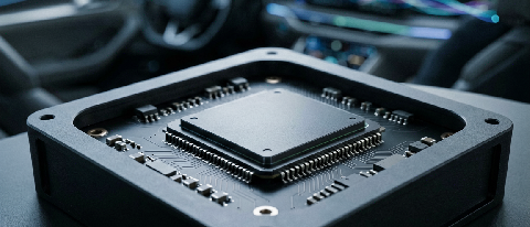 A macro shot of a high-efficiency AI chip in a fanless aluminum enclosure with a blurred car interior background.