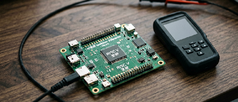 Close-up macro shot of a RISC-V development board on a lab bench with a power meter probe attached and a thermal camera screen showing a cool blue-green image, 