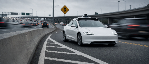 A modern autonomous vehicle navigating a complex highway on-ramp merge area under overcast lighting