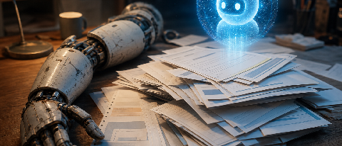 A discarded robot arm next to a pile of messy invoices, with a glowing AI agent icon hovering above
