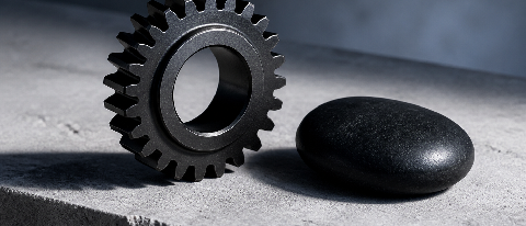 A minimalist editorial still life showing a precision mechanical gear next to a smooth stone, representing structured performance versus fluid development.