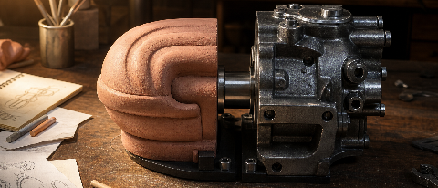 Editorial workspace showing two interlocking gears labeled by material, one warm and flexible, one forged steel, sharing the same load-bearing axle.
