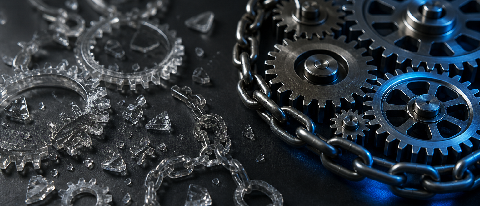A fractured chain of metal gears versus a solid, interlocking gear assembly.