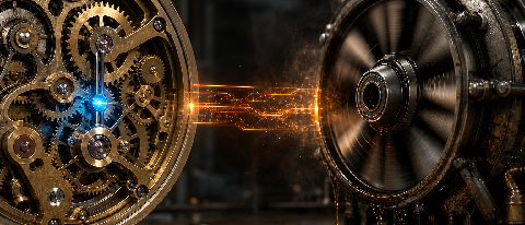 A split-frame editorial still life: one side shows a precise, polished mechanical clockwork (Rust scheduler), the other a faster but slightly worn industrial tu