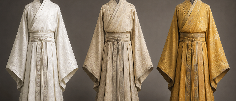 Three identical ancient Chinese robes arranged in a row, each rendered with subtly different fabric textures and wear states, on a neutral studio background.
