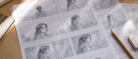 Storyboard sheets on a desk with pencil and coffee