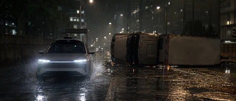 A realistic simulation of a rainy night driving scene with a test vehicle and debris, representing high-fidelity autonomous driving data.