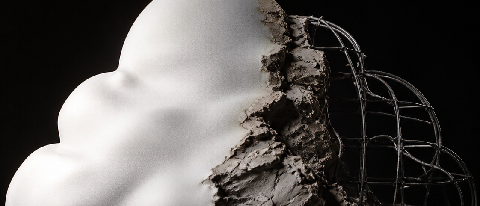 A split composition showing a smooth, ethereal digital cloud on one side transitioning into rough, tactile sculpting materials and wireframes on the other, symb
