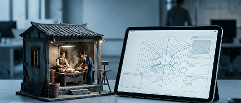 A split composition showing a rough digital storyboard on one side and a precise physical model on the other, representing the transition to calculated producti