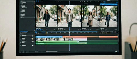 A professional video editing timeline interface showing continuous character consistency across frames