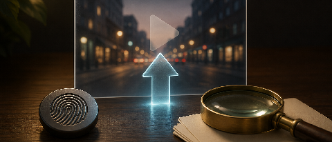 Editorial still life of a glowing upload arrow above a video frame, surrounded by fingerprint and magnifying glass motifs on a desk.