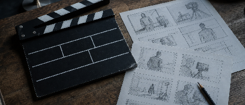 A film director's storyboard and clapperboard on a desk with a subtle digital glow