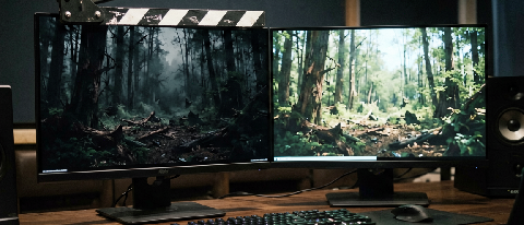A colorist's grading suite monitor showing a dim forest frame beside a bright previsualization screen, with a clapperboard and log curve chart on the desk.