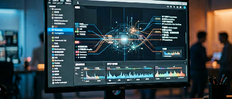 A close-up of a professional video editing timeline interface with complex node graphs and color wheels, symbolizing the industrial application of generative AI