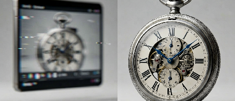 A split composition showing a chaotic digital glitch on one side and a precise, clean 3D wireframe model of an antique pocket watch on the other, symbolizing th