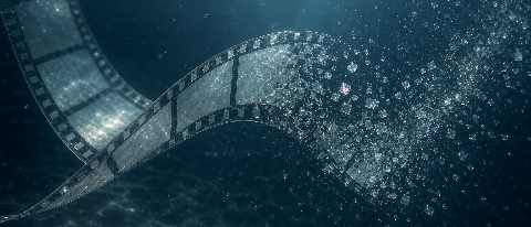 A cinematic film strip dissolving into digital pixels in deep water