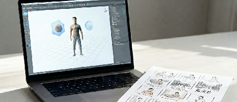 A split composition showing a video frame transforming into a 3D wireframe model on a desk.