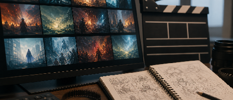 A digital storyboard on a monitor screen showing a dynamic scene, with a film clapperboard and director's notes placed beside it in a modern editing suite.
