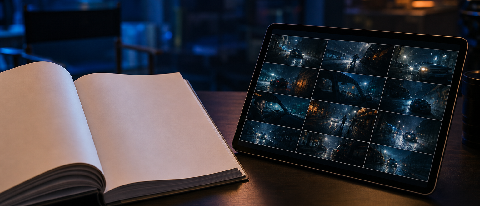 A split view showing a script transitioning into dynamic storyboard frames