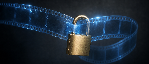 A golden padlock securing a digital video frame on a dark background