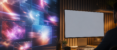 A split composition showing digital video assets on one side and physical editing equipment on the other