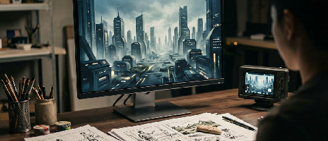 A filmmaker's desk with a computer showing an AI-generated scene, alongside traditional storyboards.