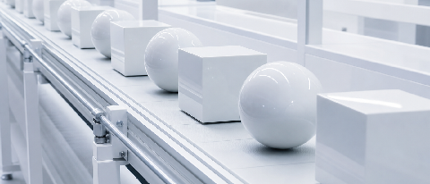 A sleek, modern industrial assembly line producing identical, high-gloss product models under bright studio lighting