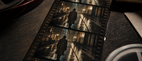 A cinematic film strip showing consistent character details across frames, resting on a director's storyboard table with soft studio lighting.