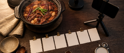 Overhead view of a short video production workspace with a steaming claypot of Chinese food beside a camera phone, ring light, storyboard cards, and a stopwatch