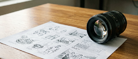 A detailed storyboard and script on a desk next to a camera lens, symbolizing controlled production over raw generation