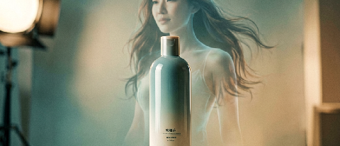 A glossy shampoo bottle on a studio set with a faint translucent AI-generated silhouette of a woman behind it, suggesting hidden synthetic content in advertisin