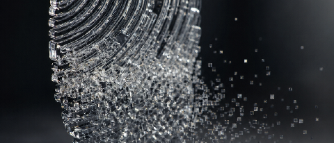 A fragile glass fingerprint dissolving into digital noise over a dark background