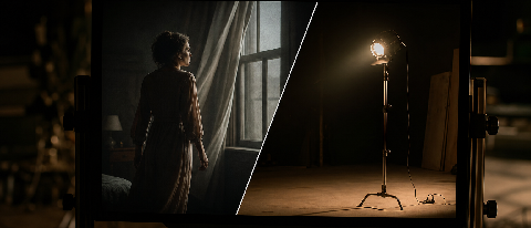A film director's viewfinder showing a split scene: one side a polished AI-generated frame, the other side a dark set with a disconnected light source, symboliz