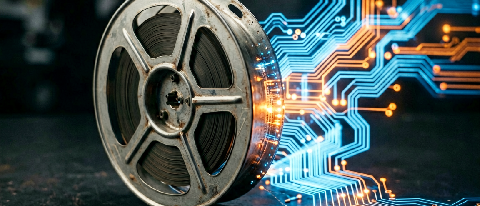 A stylized depiction of a film reel and computer circuitry merging, symbolizing AI video's computational intensity.