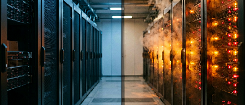 A stark contrast between a dark, empty server rack and a brightly lit, busy one