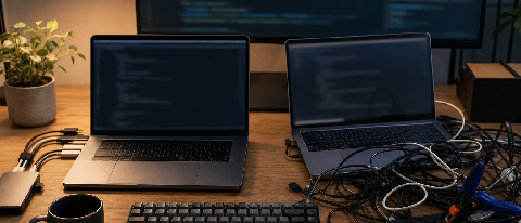 A pair of open laptop workstations on a developer desk showing a迁徙 between tools, surrounded by code-related materials, emphasizing a tool-chain transition.