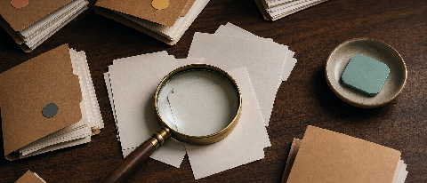 A workspace table with scattered code folders, magnifying lens, and a detached icon piece.
