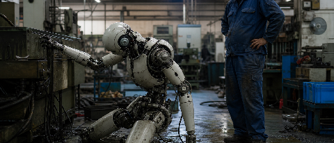 A humanoid robot stopped mid-motion on a messy factory floor, surrounded by cables and oil stains, with a worker observing in the background.
