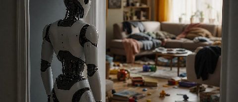 A humanoid robot standing hesitantly at the threshold of a cluttered, realistic living room.