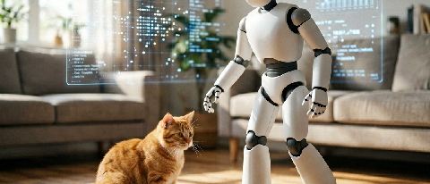 A robot in a living room navigates around a cat, representing AI's shift from abstract parameters to practical grounding.