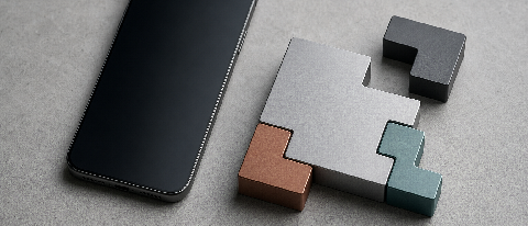 A conceptual editorial photograph of a sleek modern smartphone resting next to interlocking geometric metal blocks that represent modular AI architecture.