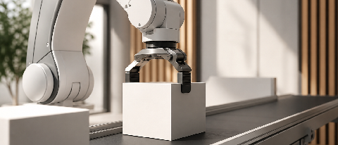 A modern robotic arm dynamically adjusting the path of a blank white package on a conveyor belt in a clean, softly lit facility.
