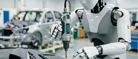 A humanoid robot precisely using an industrial electric screwdriver on a car dashboard in a modern factory setting.