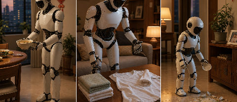 Three humanoid robots in three Chinese households, each struggling with a different domestic task
