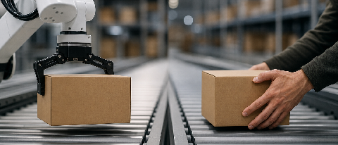 A close-up editorial shot of a robotic gripper holding a standard cardboard box next to a human hand on a blurred conveyor belt background
