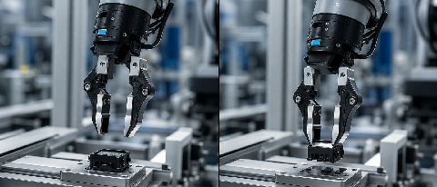 Close-up of a humanoid robot hand precisely gripping an electronic component on a modern assembly line.